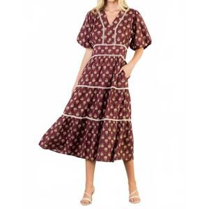 NEW THML adelyn midi print dress in wine